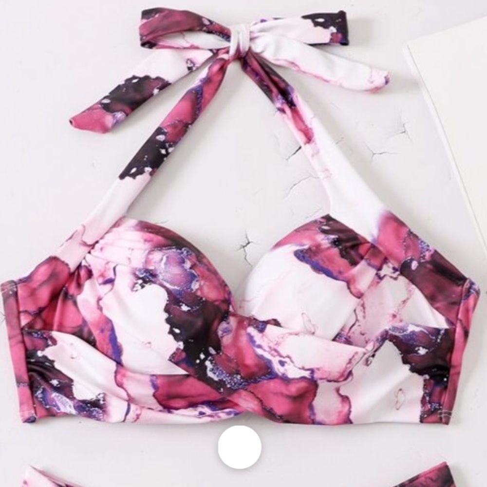 Boho Blue White Tie Dye Marble Print High Waisted Twisted Halter Bikini Set - Picture 10 of 12